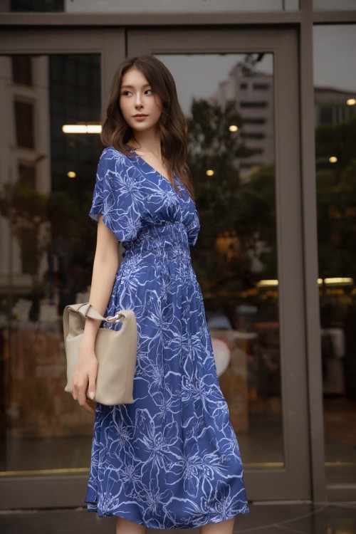 Sixdo Dark Blue Silk Flared Dress
